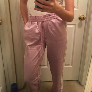 purple satin track pants